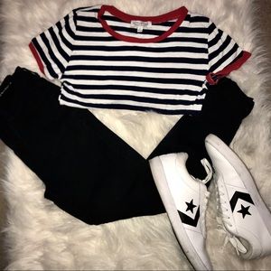 Red Collared Blue & White Cropped Shirt